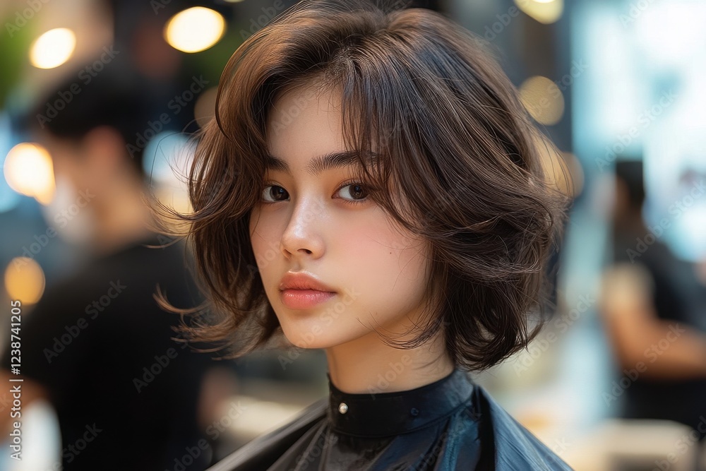 Obraz premium Beautiful woman with stylish short hair in a modern salon setting during daylight