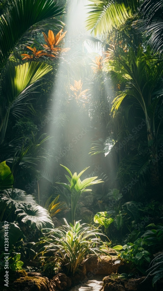 Naklejka premium Soft rays of sunlight stream through dense foliage in a vibrant jungle, illuminating various plants and creating an enchanting atmosphere in the morning