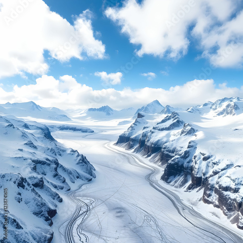 Beautiful wide shot of ruth glaciers covered in snow under a blue sky with white clouds photo