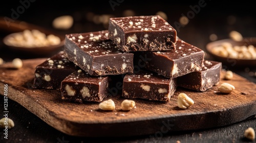 Rich chocolate fudge stacked on a wooden board with nuts and scattered peanuts. Generative AI