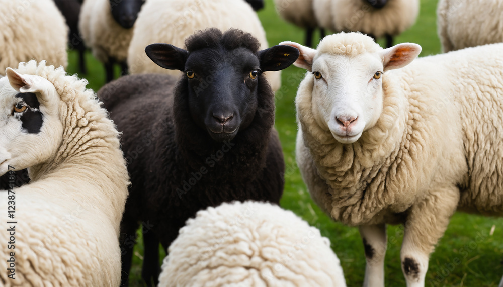 Obraz premium Black Sheep Standing in the Middle of a White Sheep Crowd. Black Sheep Surrounded by a Crowd of White Sheep. Metaphorical Scene. Standing out from the crowd black sheep among a flock of white sheep.