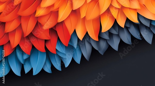 Intricate layered leaves vividly contrast warm orange and cool blue hues. AI Generated