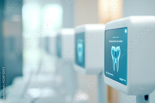 An interior view of a modern dental clinic featuring digital x-ray monitors on sleek stands. Vright environment emphasizes advanced dental technology for patient care. photo