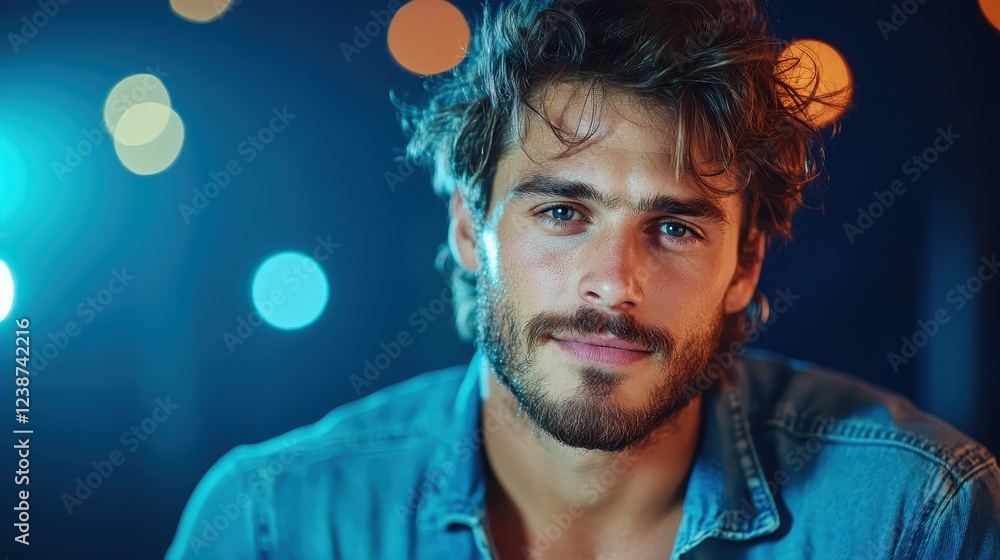 A stylish male portrait captures a young man with tousled hair and a charming smile, set against a vibrant bokeh background that adds depth. A stylish male portrait captures a young man with tousled hair and a charming smile, set against a vibrant bokeh background that adds depth.