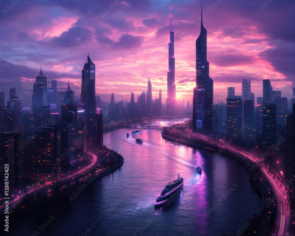 Obraz premium Stunning cityscape sunset view with vibrant pink and purple hues reflecting on the river, featuring modern architecture and glowing city lights This captivating image evokes a sense of futuristic