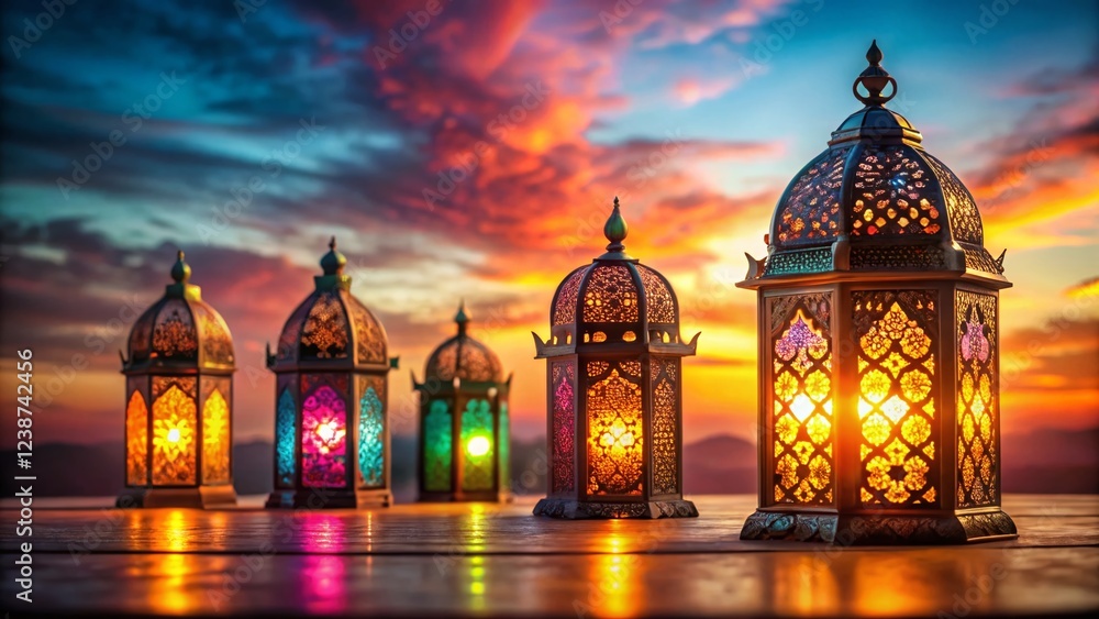 Fototapeta premium Eid Ramadan Celebration: Glowing Islamic Lanterns at Sunset