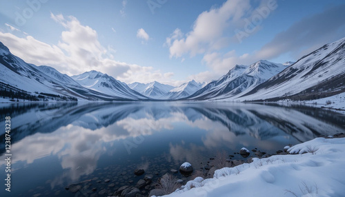 Wallpaper Mural hoto of A serene lake surrounded by snowy mountains, reflecting the sky like a mirror. Torontodigital.ca
