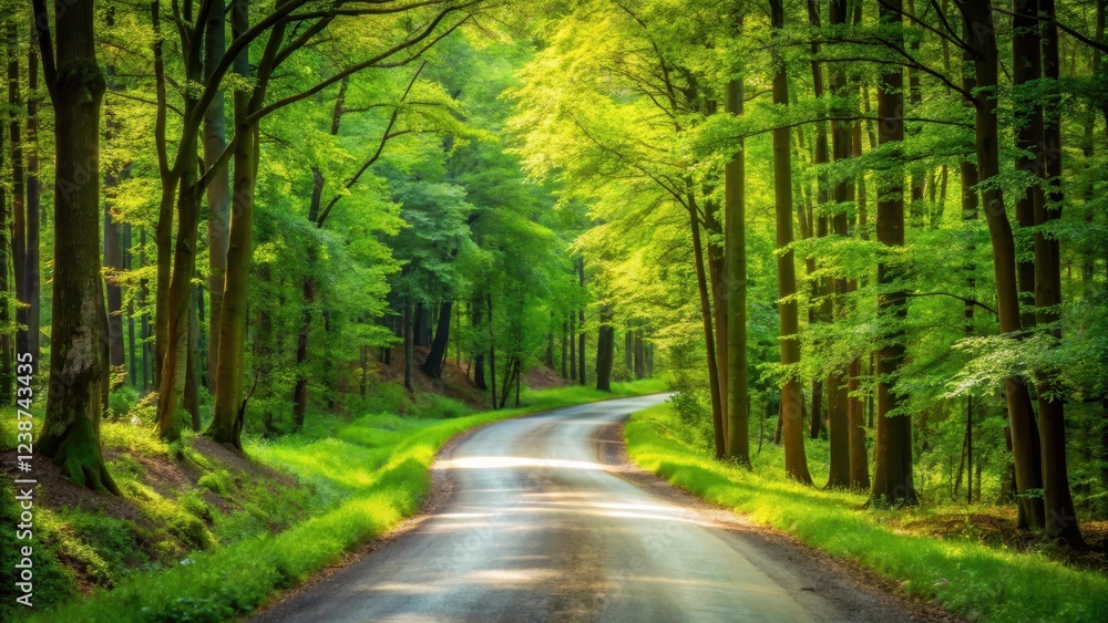 Obraz premium Forest Road Winding Through Green Landscape, forest road, green landscape, forest road
