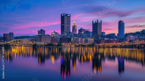 A stunning twilight view of the Pittsburgh skyline with vibrant colors reflecting off the water. The scene is adorned with skyscrapers that include prominent architectural designs, set against a backd