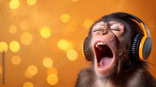 A playful image of a relaxed monkey wearing headphones, set against a vibrant orange background, conveying a joyful and carefree spirit perfect for entertainment or wildlife themes. photo