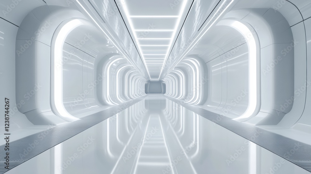 Fototapeta premium Luminous Futuristic Corridor With Reflective Flooring And Arching Light Fixtures And Smooth Walls