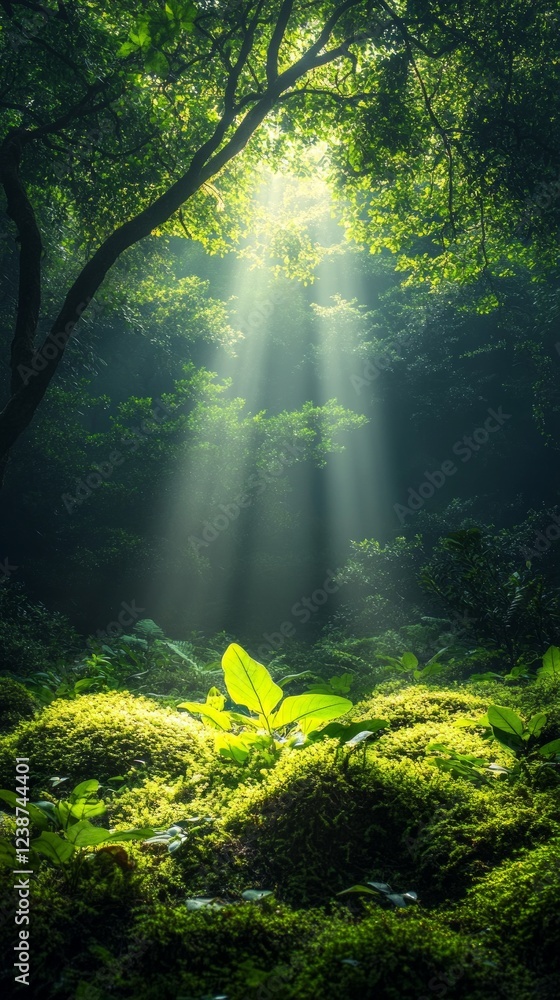 Obraz premium Beams of sunlight penetrate the dense trees, illuminating vibrant green leaves and soft moss covering the forest floor in a tranquil outdoor landscape