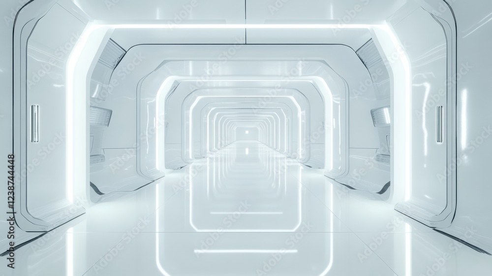 Fototapeta premium Luminous White Futuristic Tunnel Leading Forward to Infinity with Glow Lighting Effects