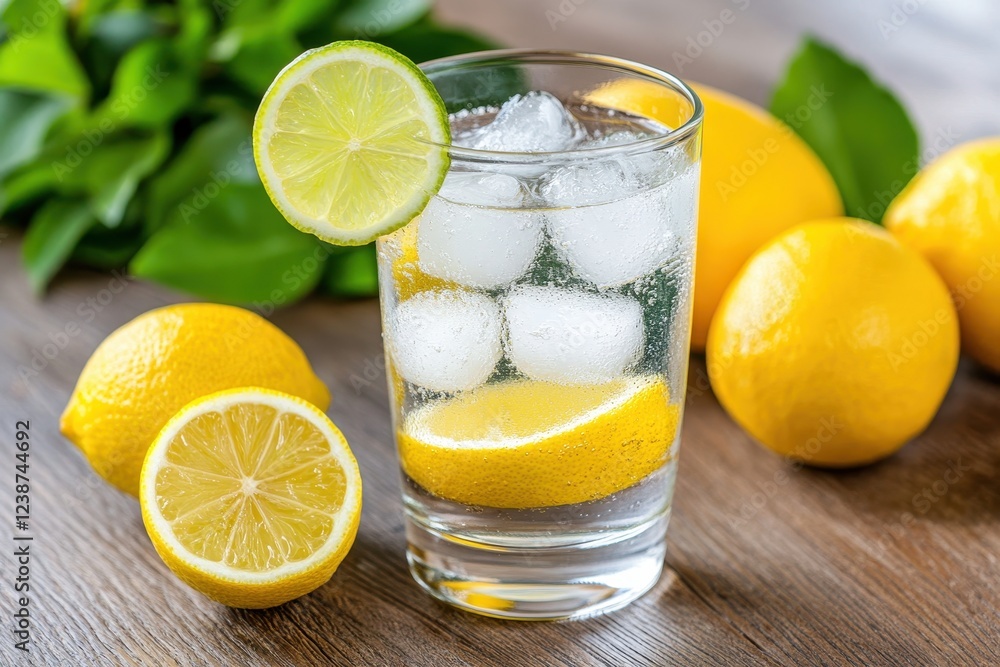Fresh Lemon Water with Ice Cubes and Slices on Wooden Table Fresh Lemon Water with Ice Cubes and Slices on Wooden Table