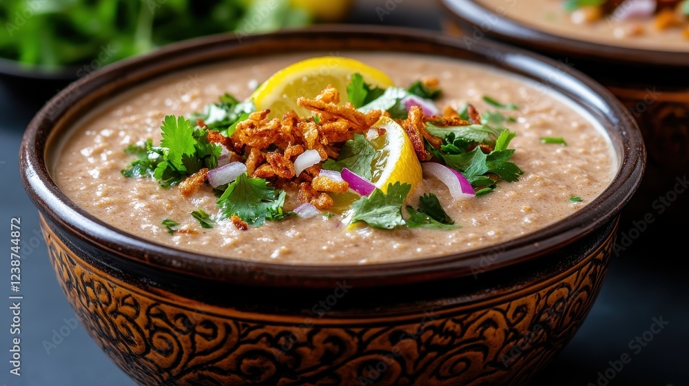 Rich and Creamy Bowl of Haleem Topped with Fresh Garnishes and Lemon Rich and Creamy Bowl of Haleem Topped with Fresh Garnishes and Lemon