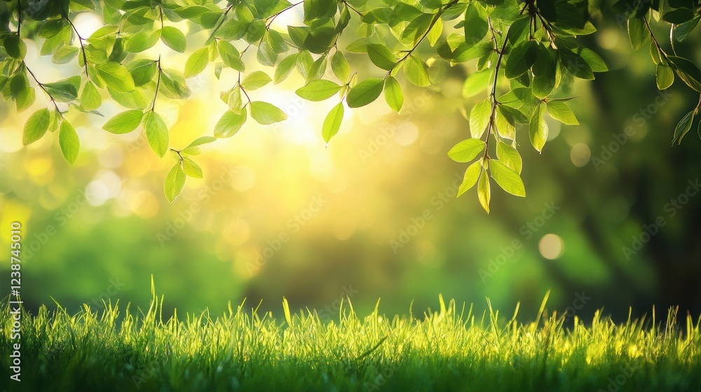 Obraz premium Lush Green Leaves Over Bright Grass Under Warm Sunlight Spring Season Outdoor Scene Natural Beauty