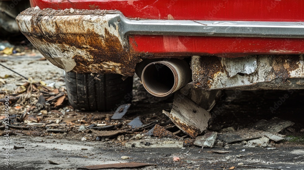 Close-up of a broken tailpipe with bent metal and debris scattered underneath the car. Close-up of a broken tailpipe with bent metal and debris scattered underneath the car.