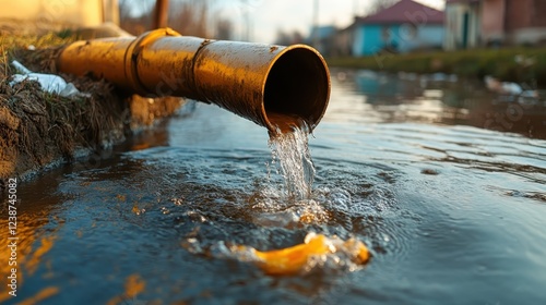 A rusted pipe discharges wastewater into a murky stream, highlighting the negative impact of industrial activities on water quality and environmental health. photo