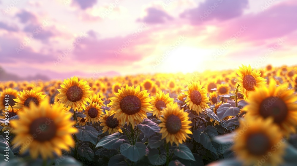 Fototapeta premium Vibrant sunflower field basking in golden sunlight during a summer evening. Generative AI