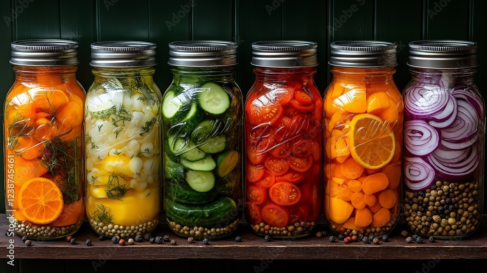 Colorful Glass Jars of Pickled Vegetables on Wooden Shelf for Homemade Food, Fermentation, and Organic Lifestyle in Warm Tones Colorful Glass Jars of Pickled Vegetables on Wooden Shelf for Homemade Food, Fermentation, and Organic Lifestyle in Warm Tones
