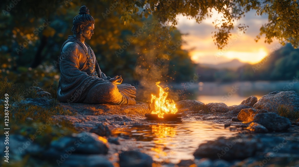 Meditating figure by a serene lake surrounded by vibrant nature at sunset. Generative AI Meditating figure by a serene lake surrounded by vibrant nature at sunset. Generative AI
