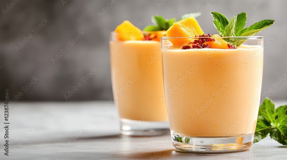 Two creamy mango smoothies topped with fresh mint leaves and colorful mango chunks look delectable and provide a healthy and delicious snack option for any time. Two creamy mango smoothies topped with fresh mint leaves and colorful mango chunks look delectable and provide a healthy and delicious snack option for any time.
