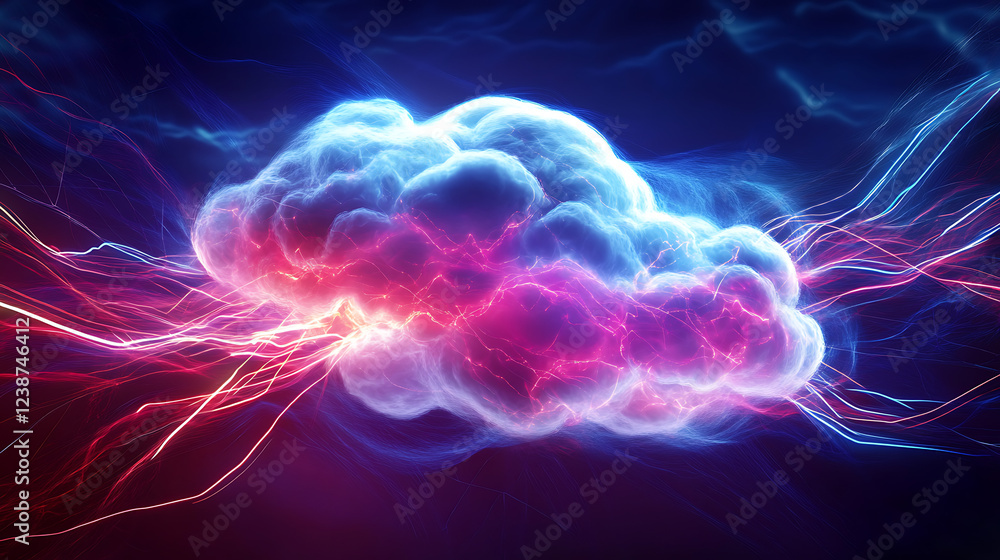 A vibrant, illuminated cloud surrounded by dynamic energy, showcasing colorful hues of purple, blue, and pink against a dark background. A vibrant, illuminated cloud surrounded by dynamic energy, showcasing colorful hues of purple, blue, and pink against a dark background.
