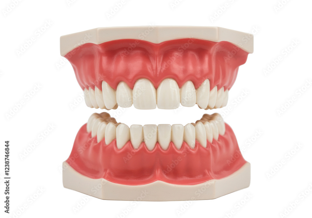 Obraz premium Artificial dental model showing upper and lower teeth in pink gums isolated on white background