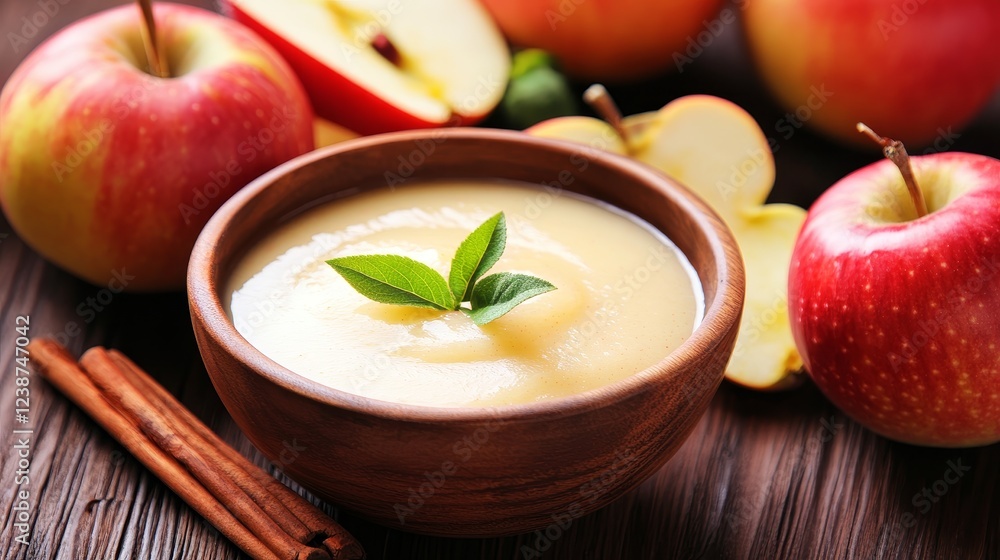 Freshly made applesauce in a wooden bowl, surrounded by ripe apples and cinnamon sticks, showcasing a rustic kitchen setting Freshly made applesauce in a wooden bowl, surrounded by ripe apples and cinnamon sticks, showcasing a rustic kitchen setting