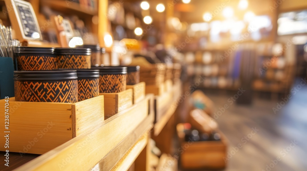 Cozy cafe interior showcasing beautifully arranged wooden shelves filled with artisanal products and warm lighting Cozy cafe interior showcasing beautifully arranged wooden shelves filled with artisanal products and warm lighting