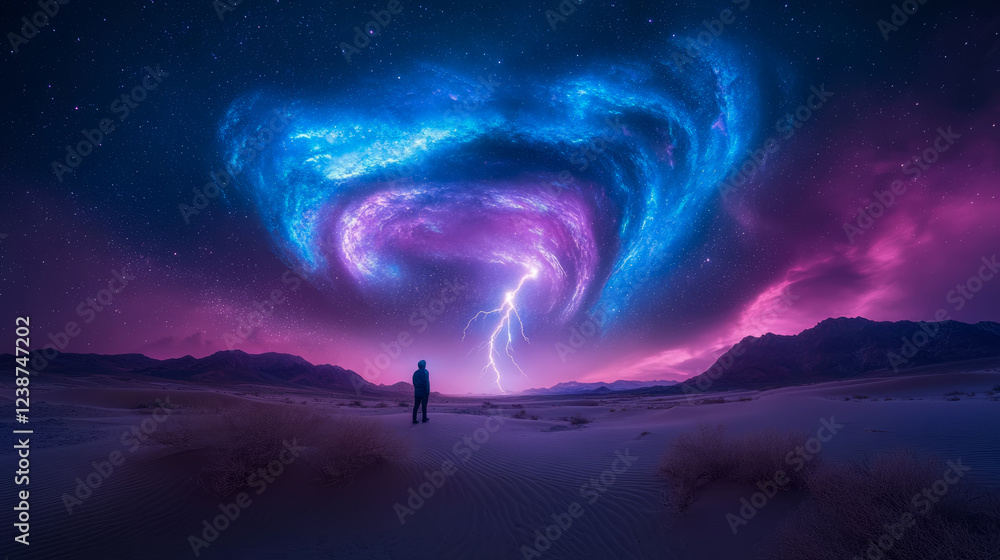 Fototapeta premium Night Desert Storm: Cosmic Wonder and Solitary Figure