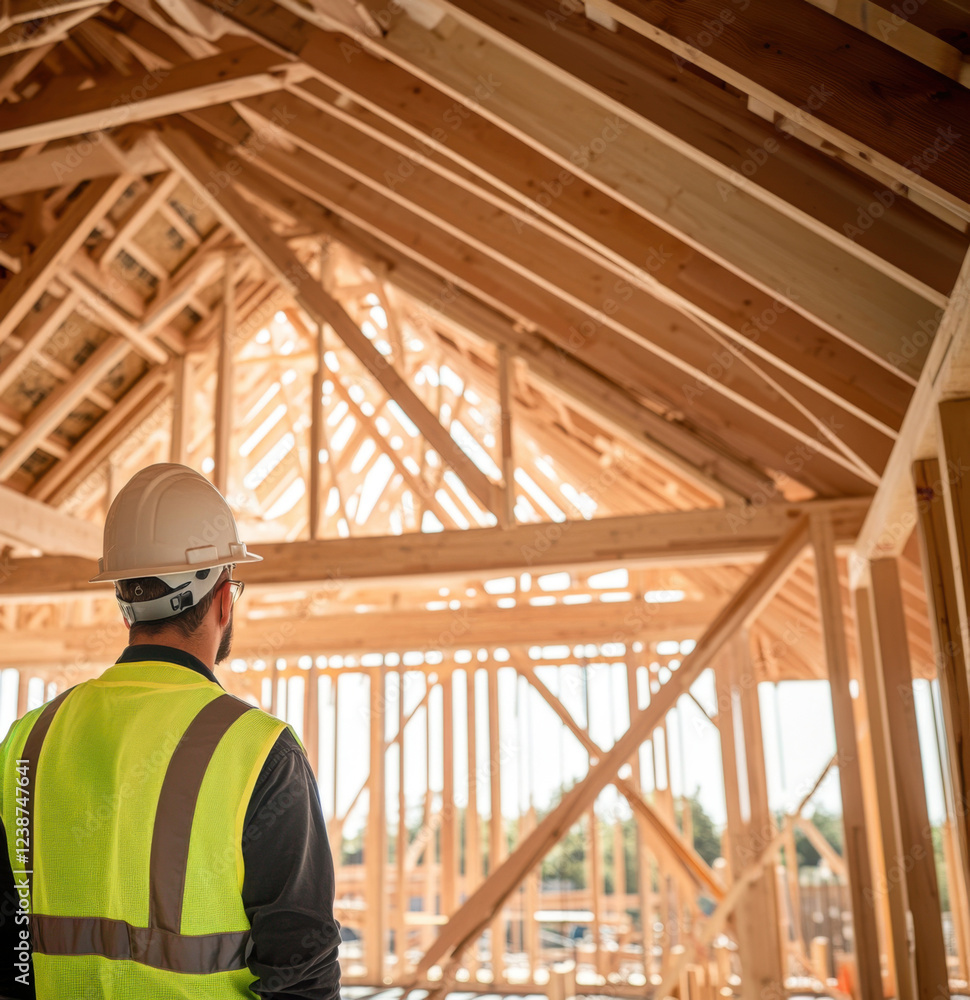 Construction worker inspects wooden framework of a new house under bright sunlight Construction worker inspects wooden framework of a new house under bright sunlight