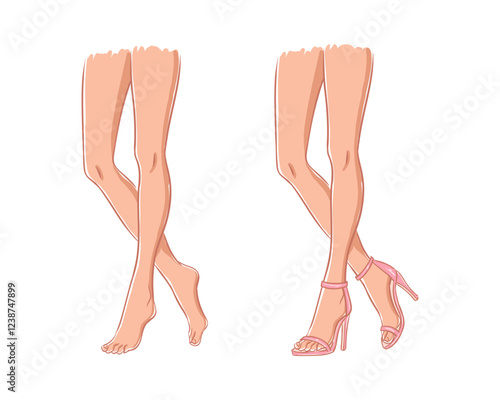 Vector fashion sketch illustration of beautiful, slim female legs, isolated on a white background. High-heeled fashion feet template. Women's legs and feet croquis.