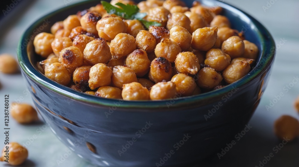 A bowl of roasted chickpeas garnished with a sprig of fresh parsley A bowl of roasted chickpeas garnished with a sprig of fresh parsley