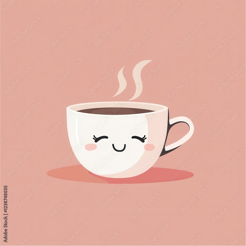 Obraz premium Smiling Coffee Cup with Steam on Soft Pink Background Simple Cute Design for Morning Beverage