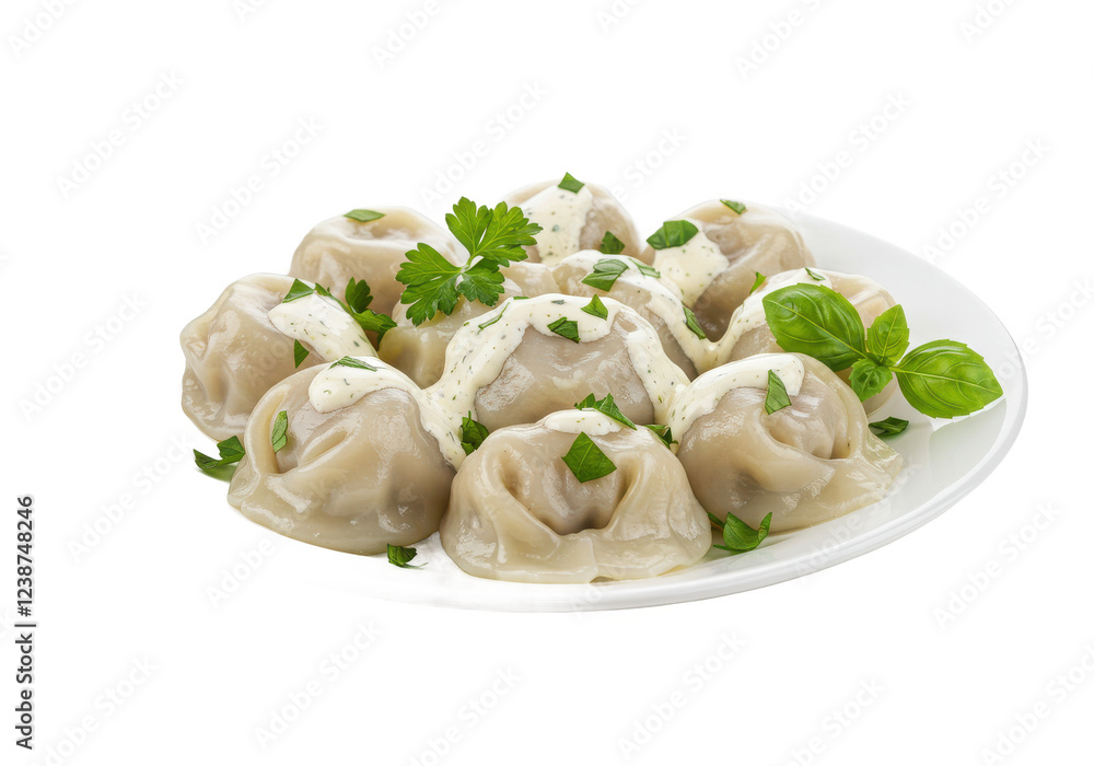 Plate of steamed dumplings with creamy sauce and garnished with fresh herbs, isolated on white background Plate of steamed dumplings with creamy sauce and garnished with fresh herbs, isolated on white background