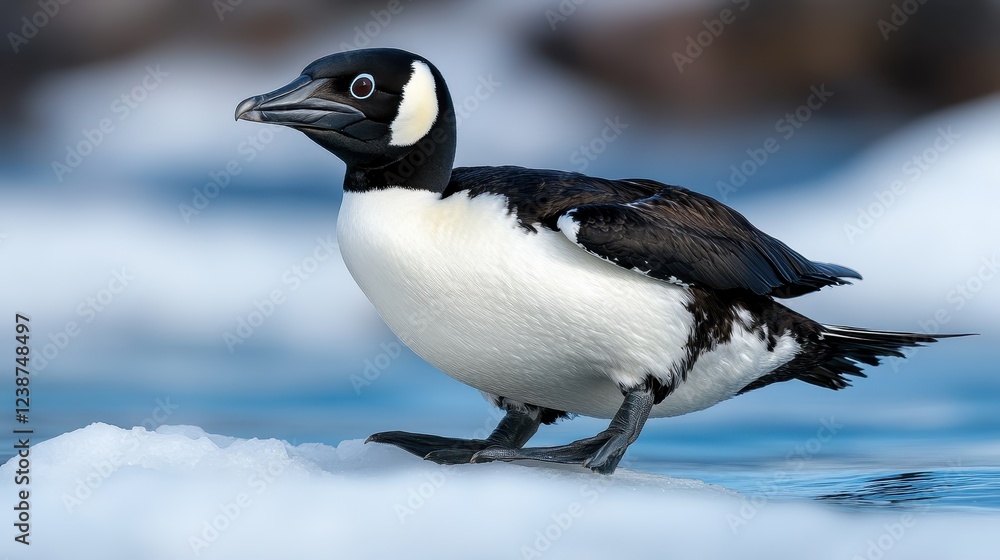 Fototapeta premium A striking bird standing on ice, blending its beauty with a tranquil water setting, capturing the essence of nature's stark contrasts and wildlife's resilience.