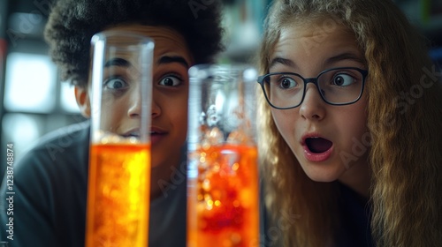 Excitement of young students observing a chemistry experiment in a classroom setting. Generative AI