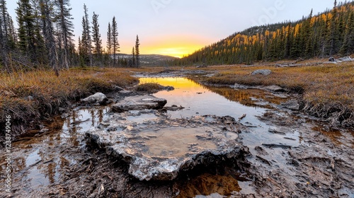 Autumn sunset over tranquil mountain stream