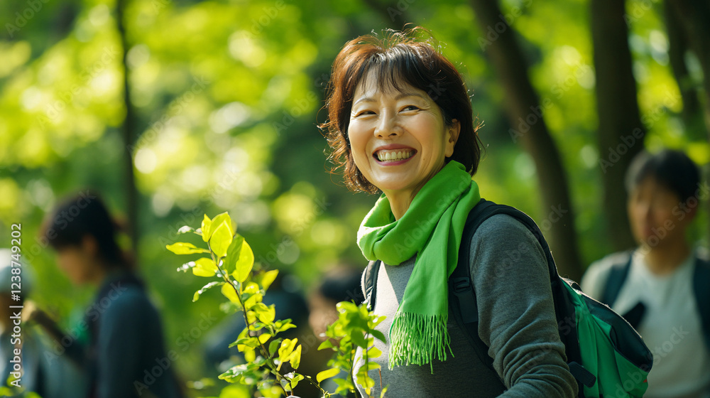 A vibrant 65-year-old Korean woman, wearing a green scarf, smiles as she leads a nature organization, working passionately in forest conservation and community service
