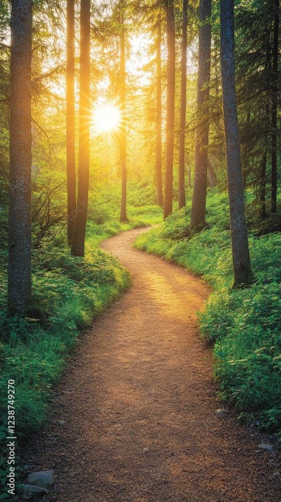 Fototapeta premium A winding dirt path curves through a lush green forest as warm sunlight filters through tall trees, creating a peaceful morning ambiance