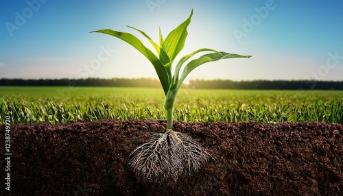 corn plant with roots underground symbolizing soil health and sustainable agriculture