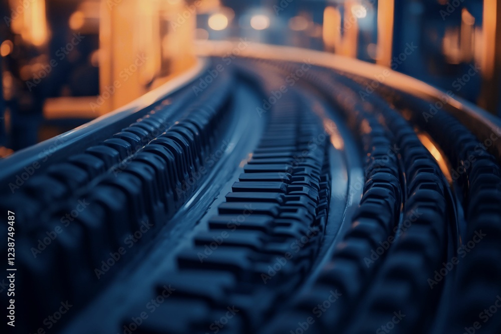Fototapeta premium Close-Up View of Industrial Conveyor Belt in Manufacturing Facility