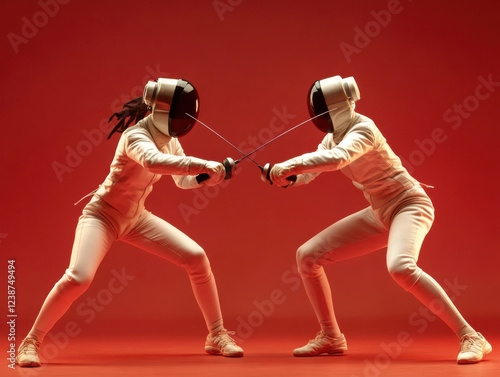 Two fencers in action during a competitive match against a vibrant red background photo