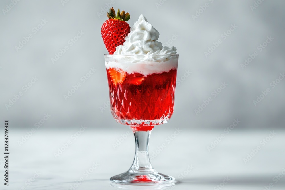 Glass of whipped cream and strawberry shortcake with a strawberry on top. Glass of whipped cream and strawberry shortcake with a strawberry on top.