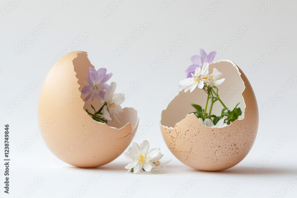 Two cracked eggshells on a soft surface hold vibrant flowers, symbolizing spring and renewal. The pastel colors and delicate petals create a serene, inviting atmosphere Two cracked eggshells on a soft surface hold vibrant flowers, symbolizing spring and renewal. The pastel colors and delicate petals create a serene, inviting atmosphere