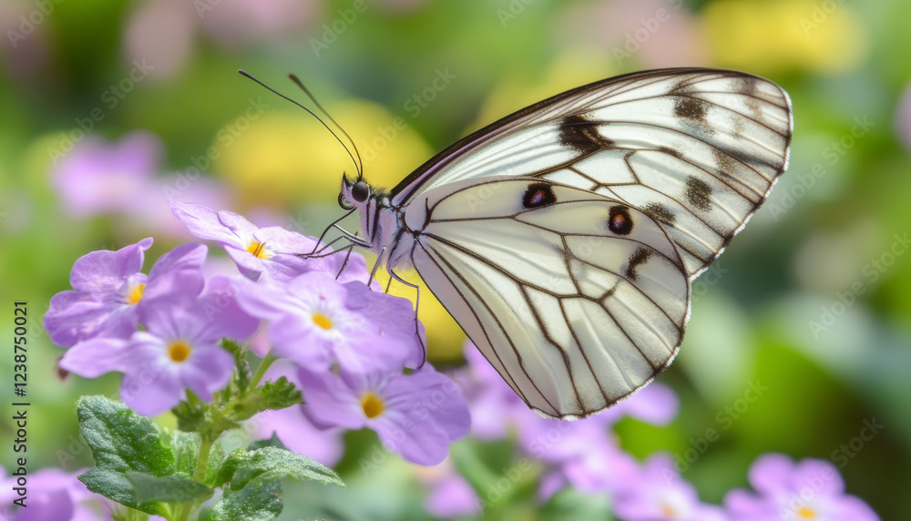 Naklejka premium A striking white butterfly with black markings is perched on soft purple flowers in a lush garden. Colorful blooms surround the butterfly, showcasing the beauty of nature in spring