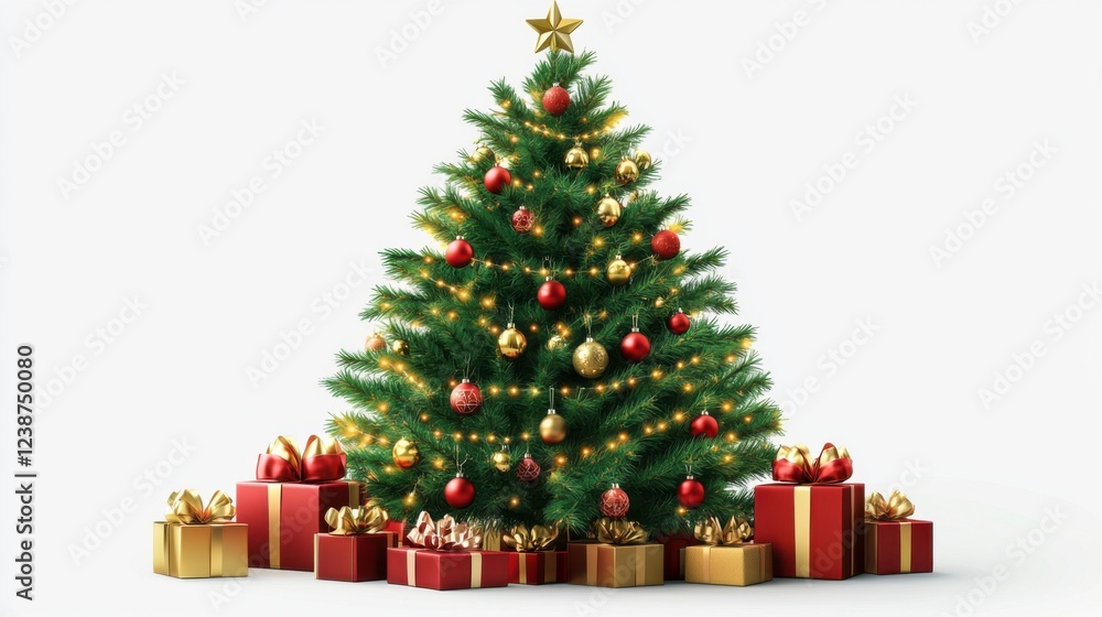 Festive christmas tree with red and gold ornaments and wrapped gifts Festive christmas tree with red and gold ornaments and wrapped gifts