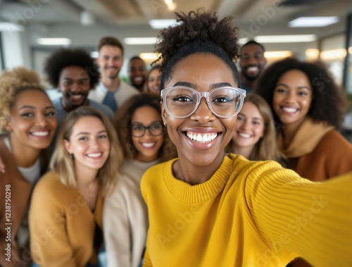 Selfie et groupe de personnes d’affaires au bureau prenant des photos pour les réseaux sociaux. Portrait de diversité, collaboration et amis heureux, hommes et femmes riant et prenant une photo pour l photo