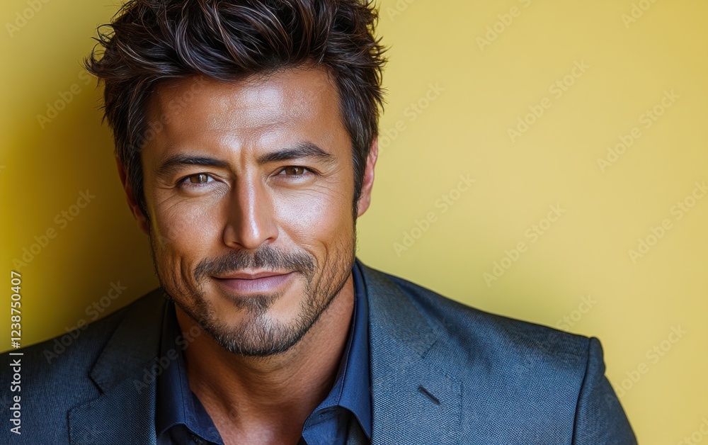 Fototapeta premium handsome man with a beard and blue eyes is wearing a suit and smiling to the camera